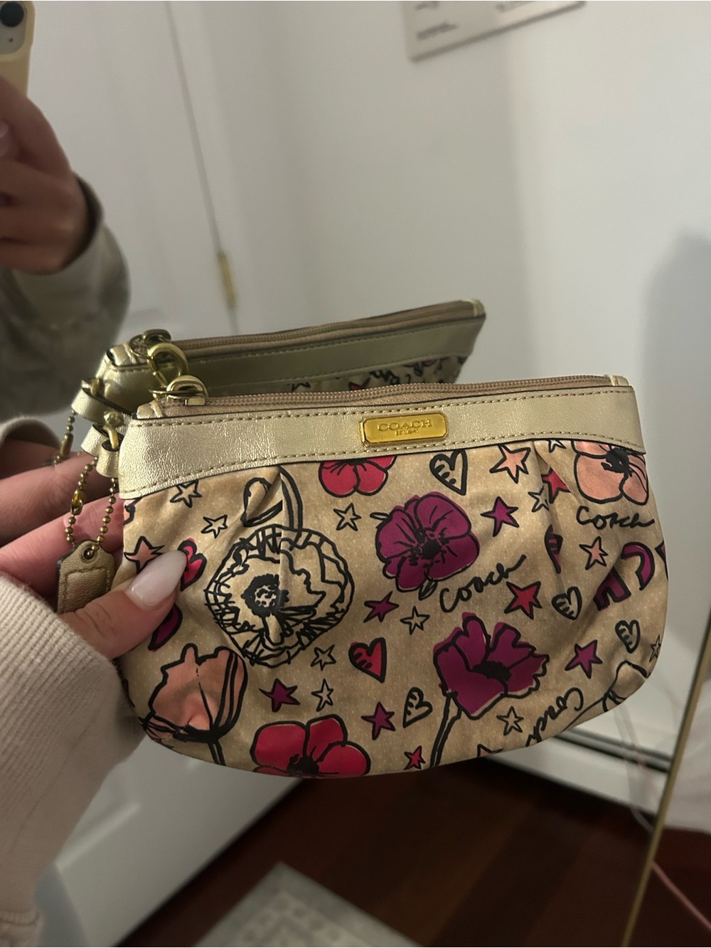 Coach Beige Floral Print Pink Accent Wristlet Pouch